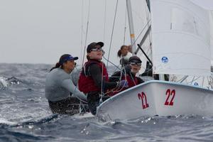Jo Aleh and Olivia Powrie wearing the symbolic red bibs for third placed competitors during the final series. 